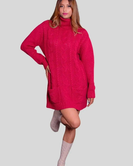 Woman in red sweater turtle neck dress from Cashmere Cable Dress | Italian Cashmere