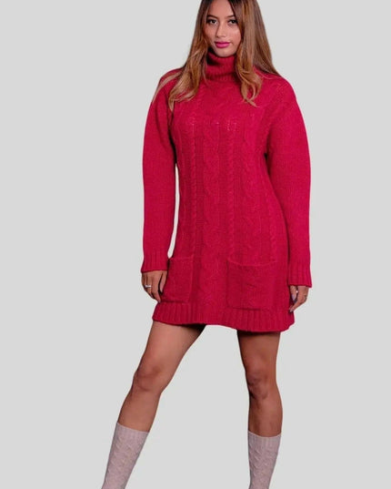 Woman in red turtle neck cable dress and knee high boots - Cashmere Cable Dress | Italian Cashmere