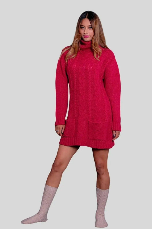 Woman in red turtle neck cable dress and knee high boots - Cashmere Cable Dress | Italian Cashmere