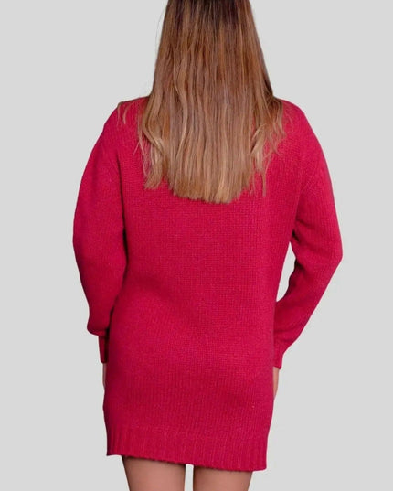 Italian Cashmere Cable Dress featuring a woman in a red sweater dress