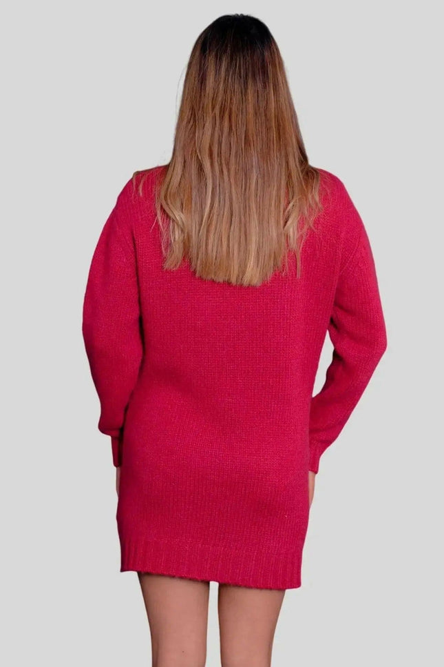 Italian Cashmere Cable Dress featuring a woman in a red sweater dress