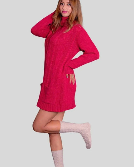 Woman wearing a red turtle neck cable dress and knee high boots