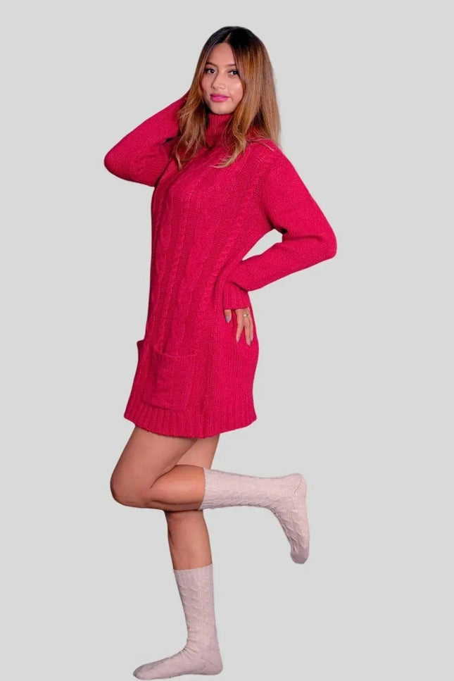 Woman wearing a red turtle neck cable dress and knee high boots
