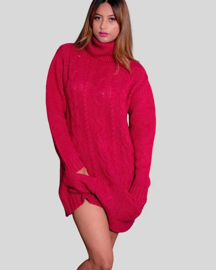 Woman in red sweater and grey boots wearing Cashmere Cable Dress with turtle neck