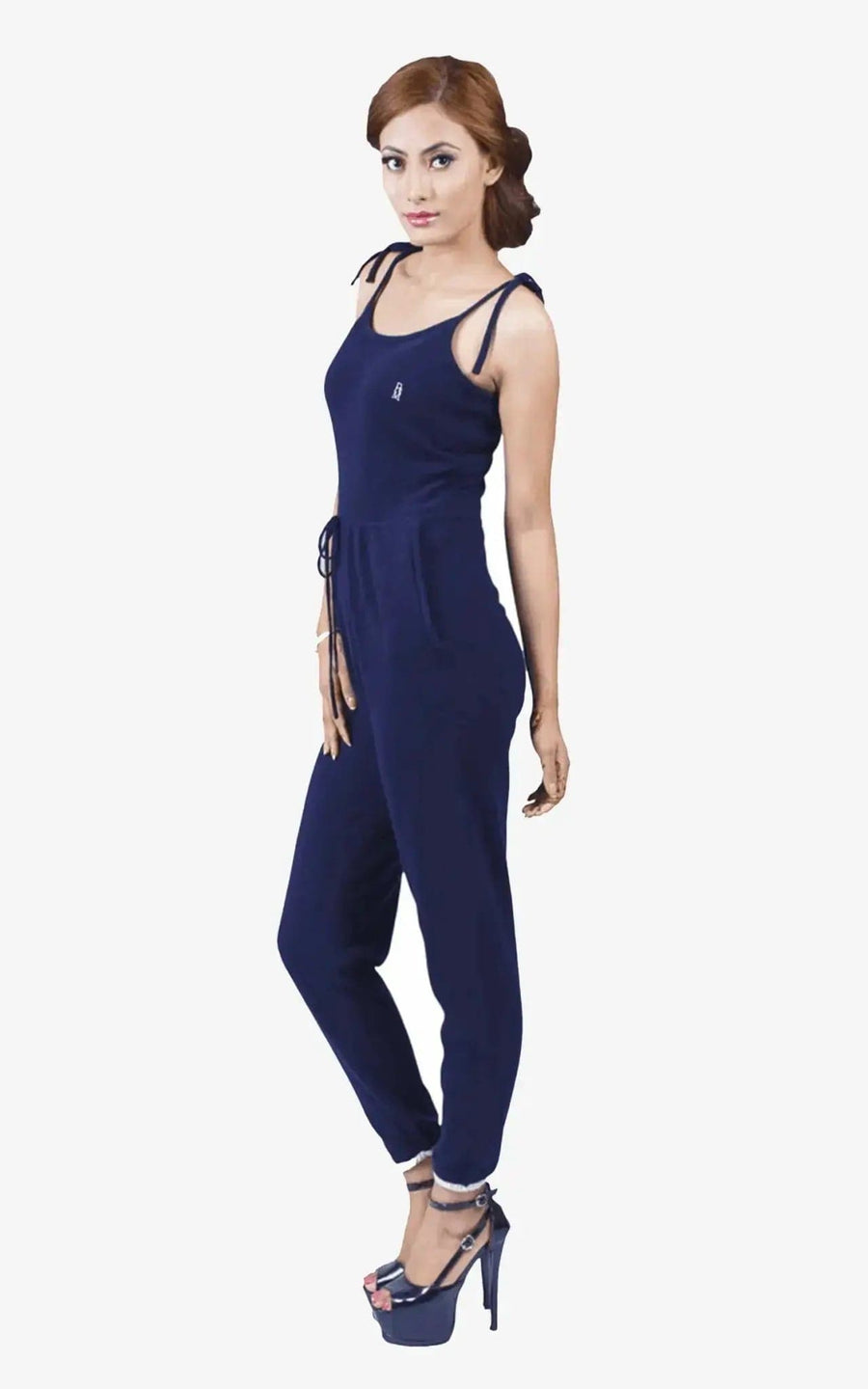 Woman in jumpsuit: Pure cashmere one-piece, classic design, black top and blue pants by ’Cashmere Camisole’