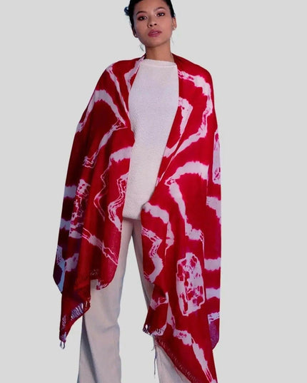 Cashmere digital printed scarf with woman wearing red and white scarf - KCI 324