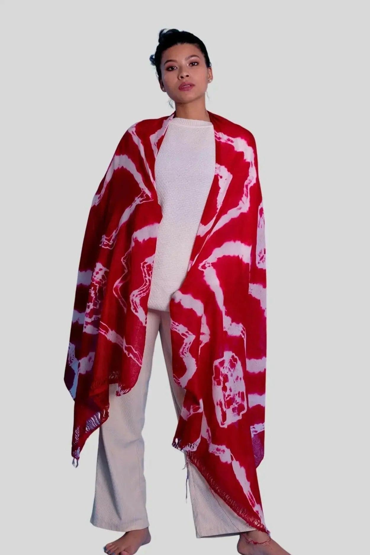 Cashmere digital printed scarf with woman wearing red and white scarf - KCI 324