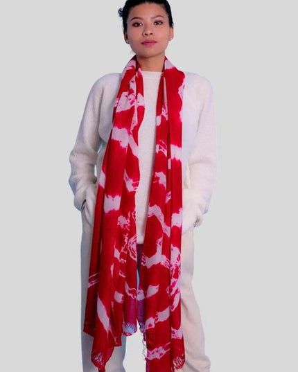 Cashmere Digital Printed Scarf showing a woman wearing a red and white scarf
