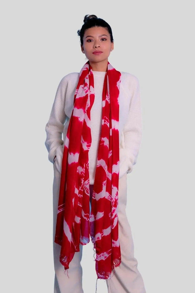 Cashmere Digital Printed Scarf showing a woman wearing a red and white scarf