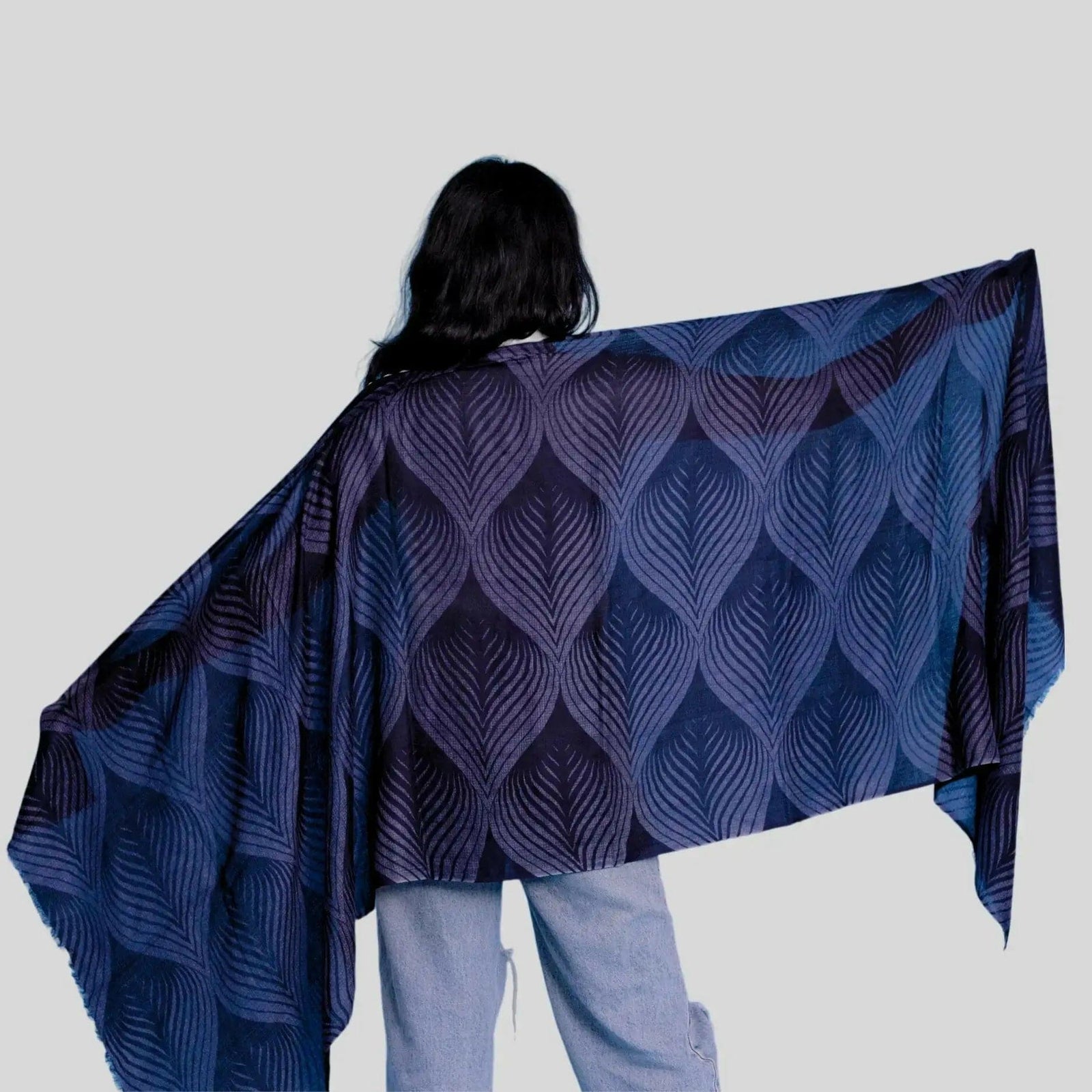 Cashmere Digital Printed Scarf showcasing a woman in blue and black shawl