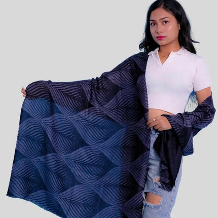 Cashmere digital printed scarf featuring a woman in blue and black blanket, product name KCI 335
