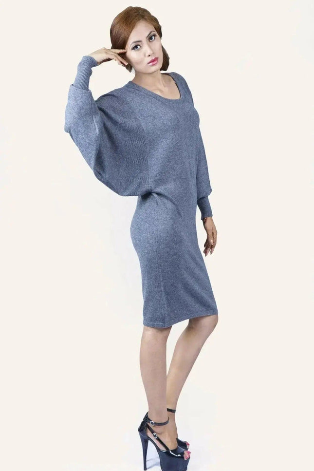 Woman in gray dress and heels, Cashmere Long Sleeve Mini Dress