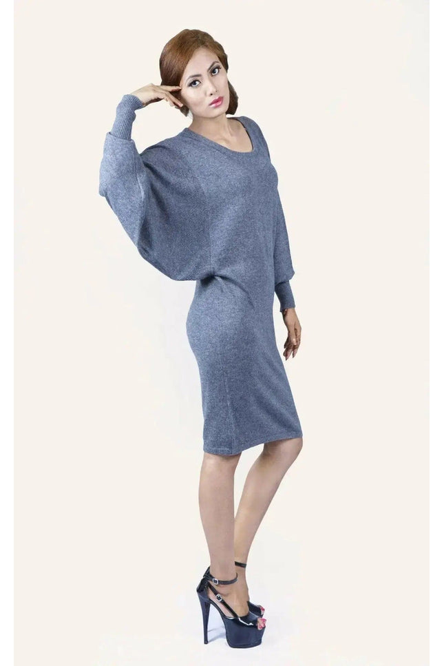 Woman in gray dress and heels, Cashmere Long Sleeve Mini Dress