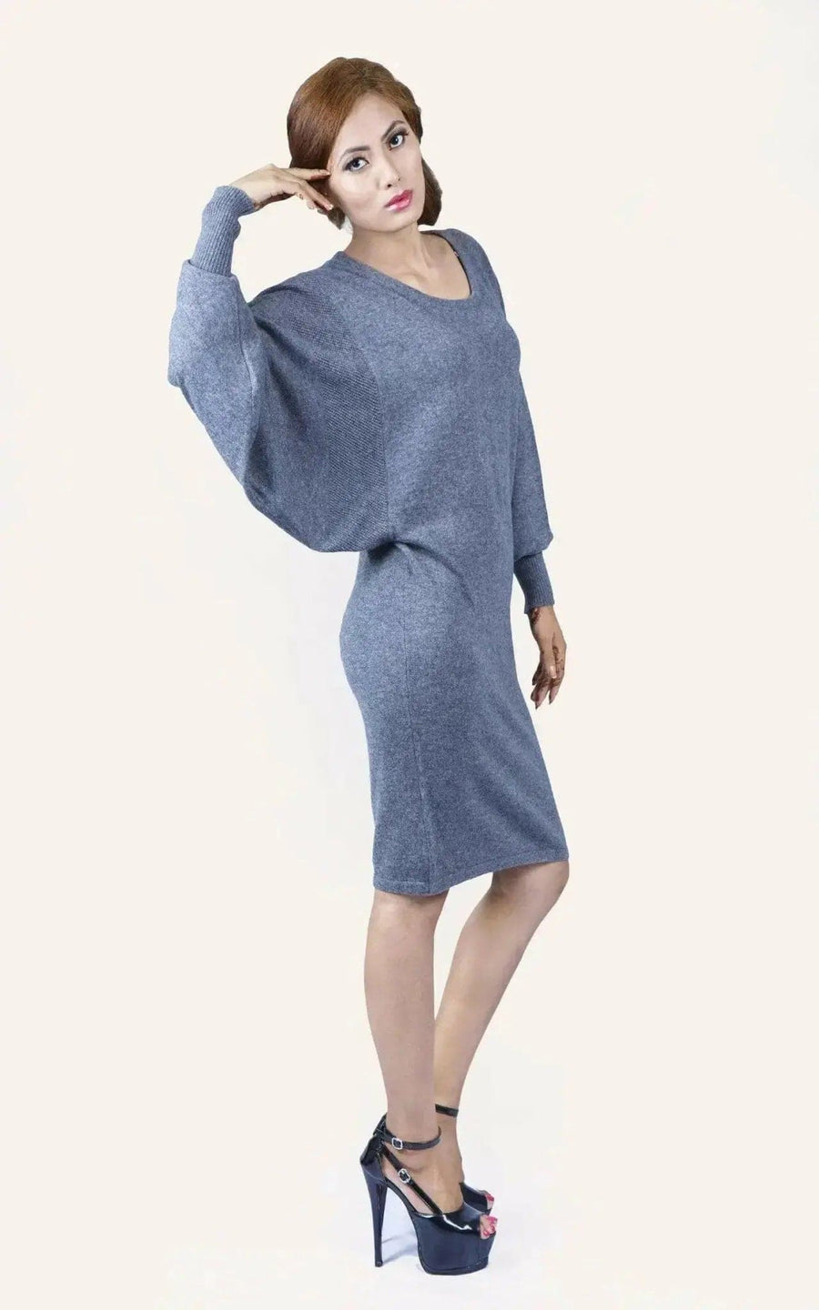 Woman in gray dress and heels, Cashmere Long Sleeve Mini Dress