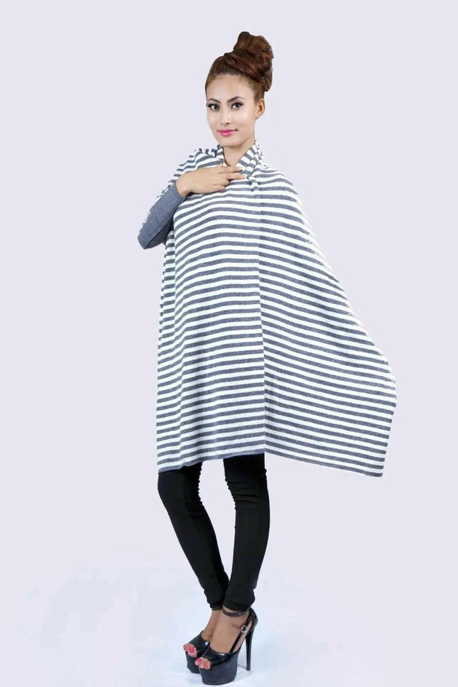 Cashmere Poncho (KCI 158) by Kanchan Cashmere: Woman wearing a striped poncho