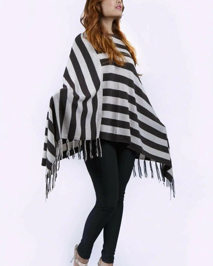 Italian Cashmere Poncho in Black and White Stripes || KCI 213