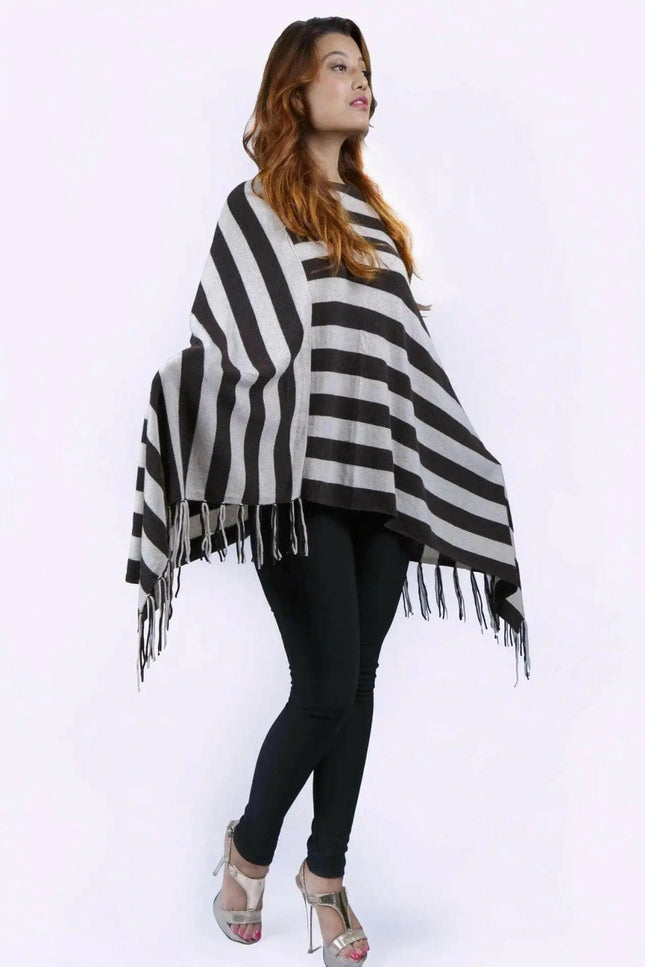 Italian Cashmere Poncho in Black and White Stripes || KCI 213