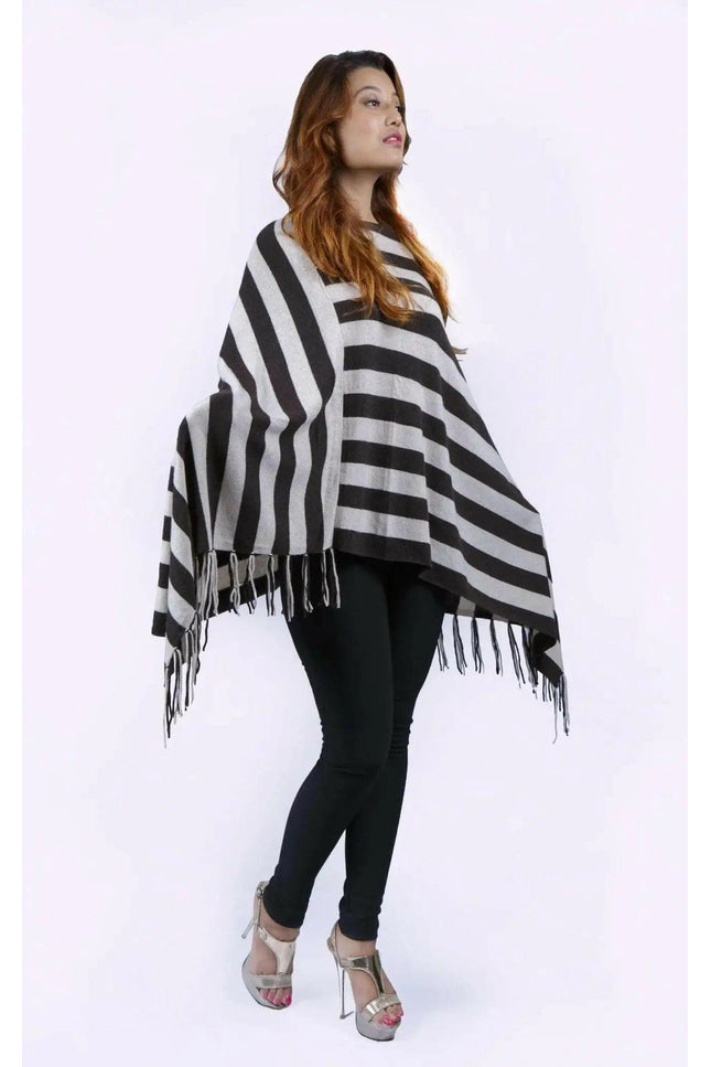 Italian Cashmere Poncho in Black and White Stripes || KCI 213