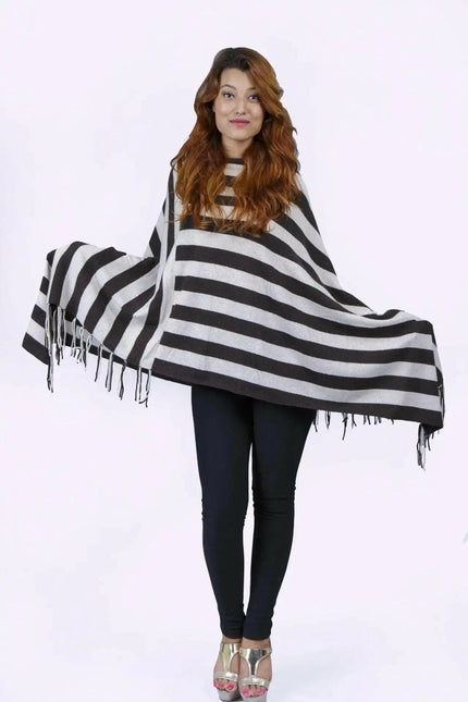 Italian cashmere poncho || KCI 213 - woman in black and white striped poncho