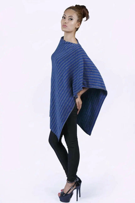 Woman wearing blue and black Cashmere Poncho || KCI 243 by Kanchan Cashmere