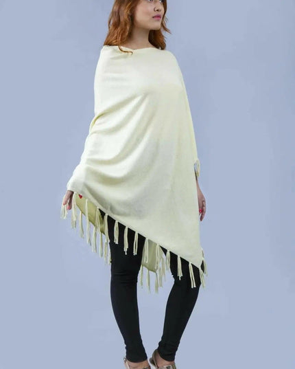 Kanchan Cashmere Poncho || KCI 249 - Woman wearing yellow fringed poncho