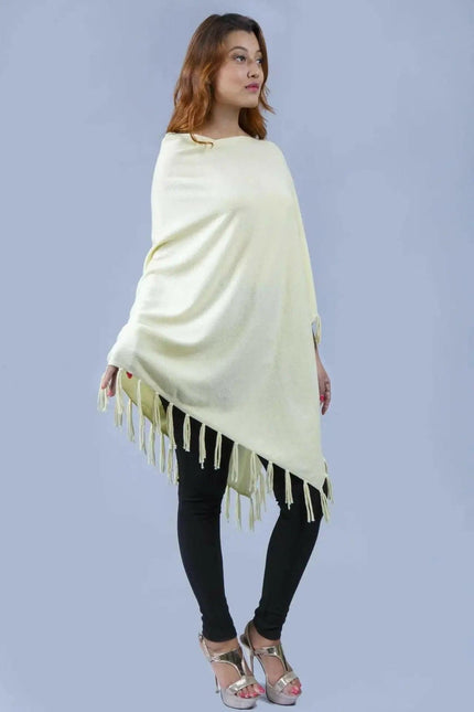 Kanchan Cashmere Poncho || KCI 249 - Woman wearing yellow fringed poncho