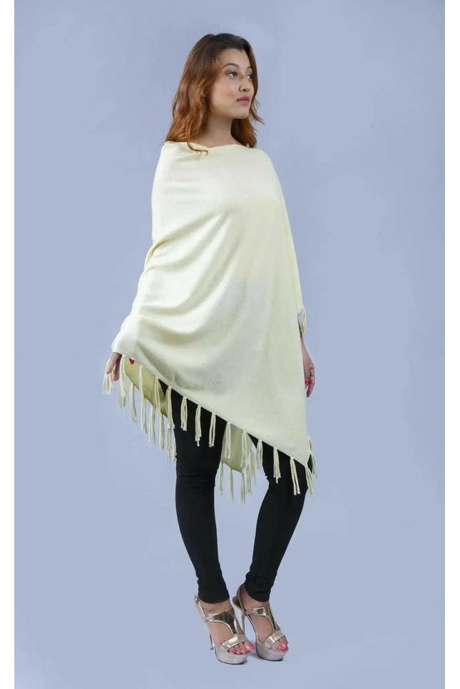 Kanchan Cashmere Poncho || KCI 249 - Woman wearing yellow fringed poncho