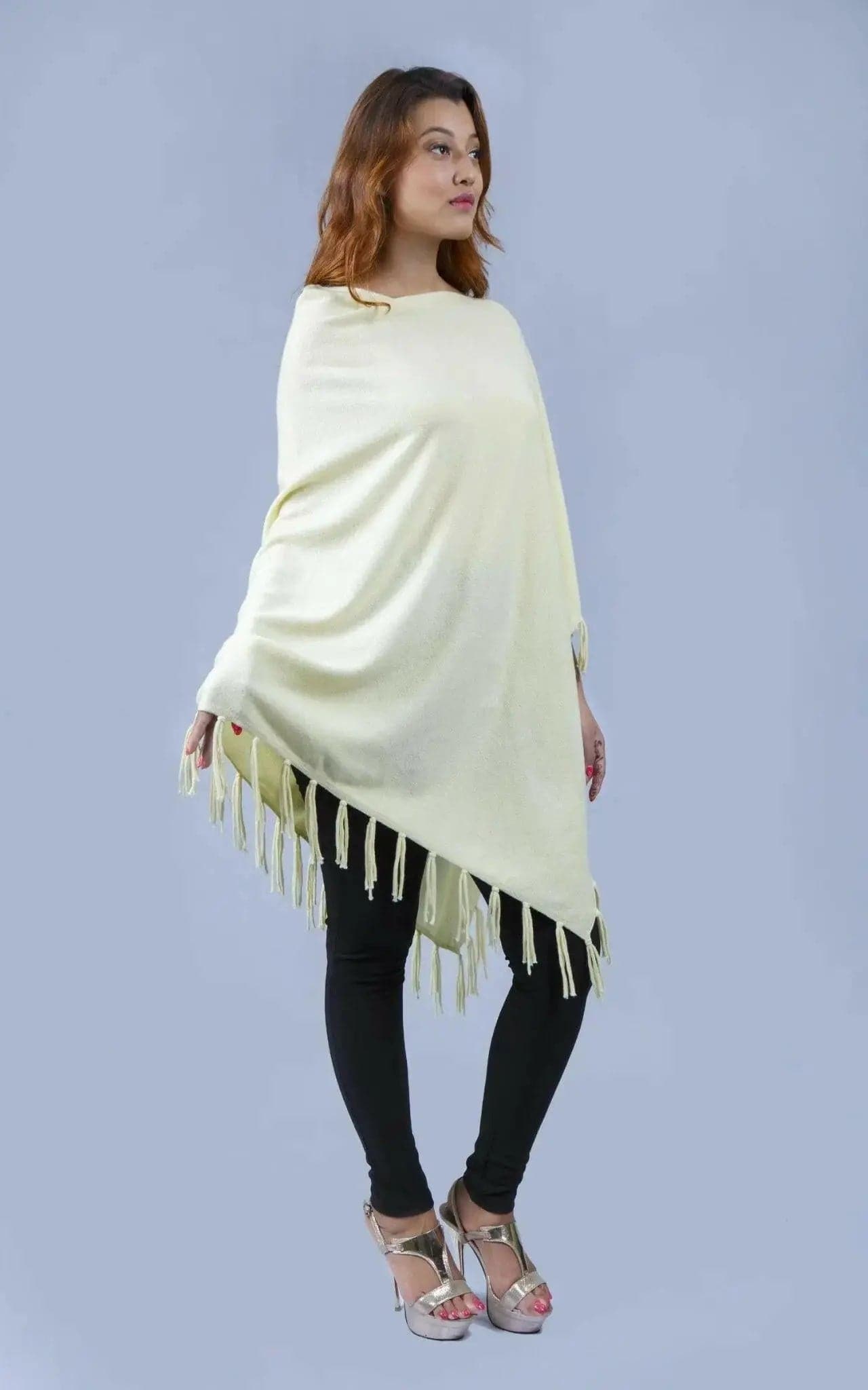 Kanchan Cashmere Poncho || KCI 249 - Woman wearing yellow fringed poncho