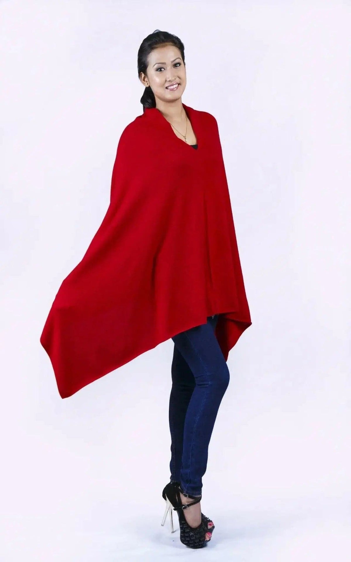 Cashmere poncho wrap for women in red with black top - KCI 117