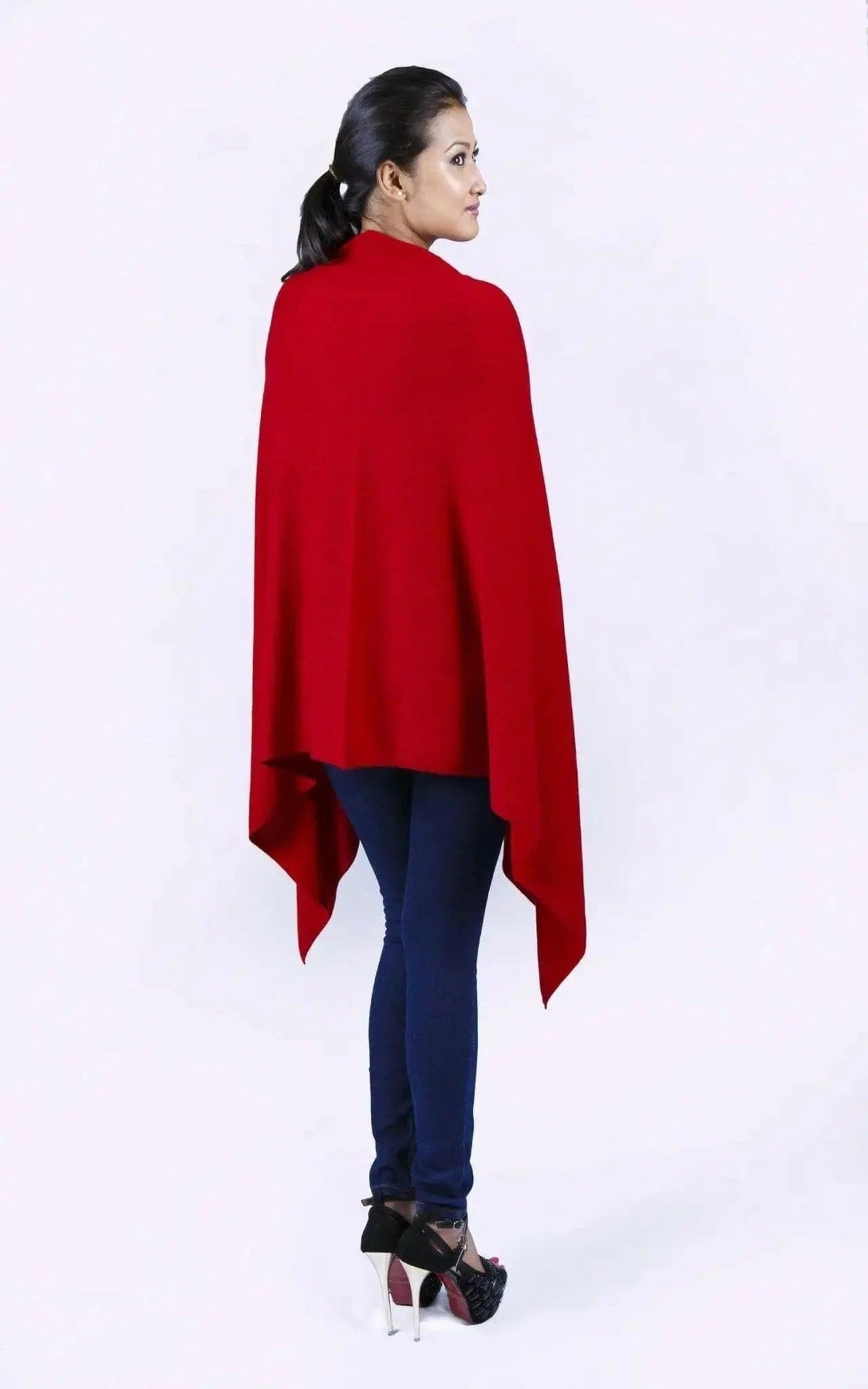 Cashmere Poncho wrap for women in red with black top | KCI 117