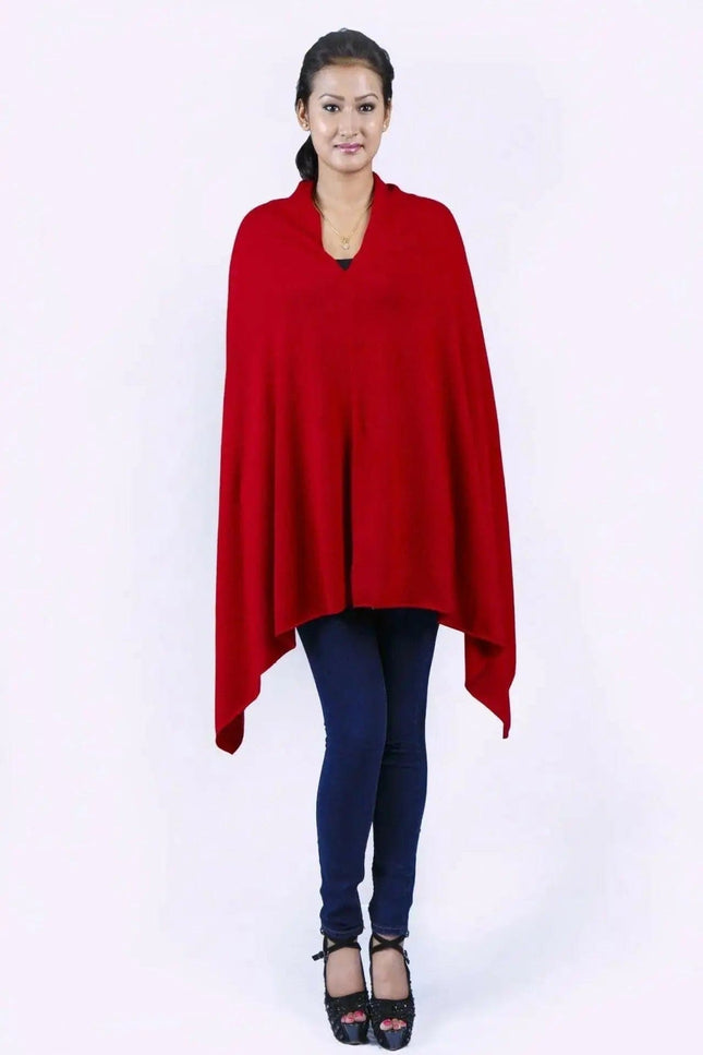 Woman wearing a red cashmere poncho wrap (KCI 117)