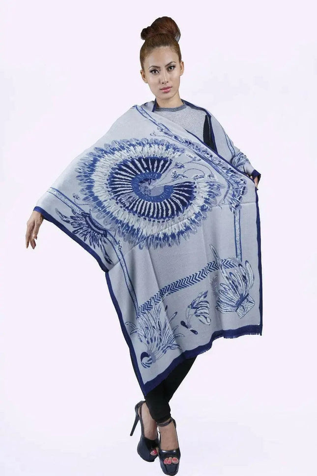 Woman wearing blue and white tie dye cashmere printed scarf by KCI 186
