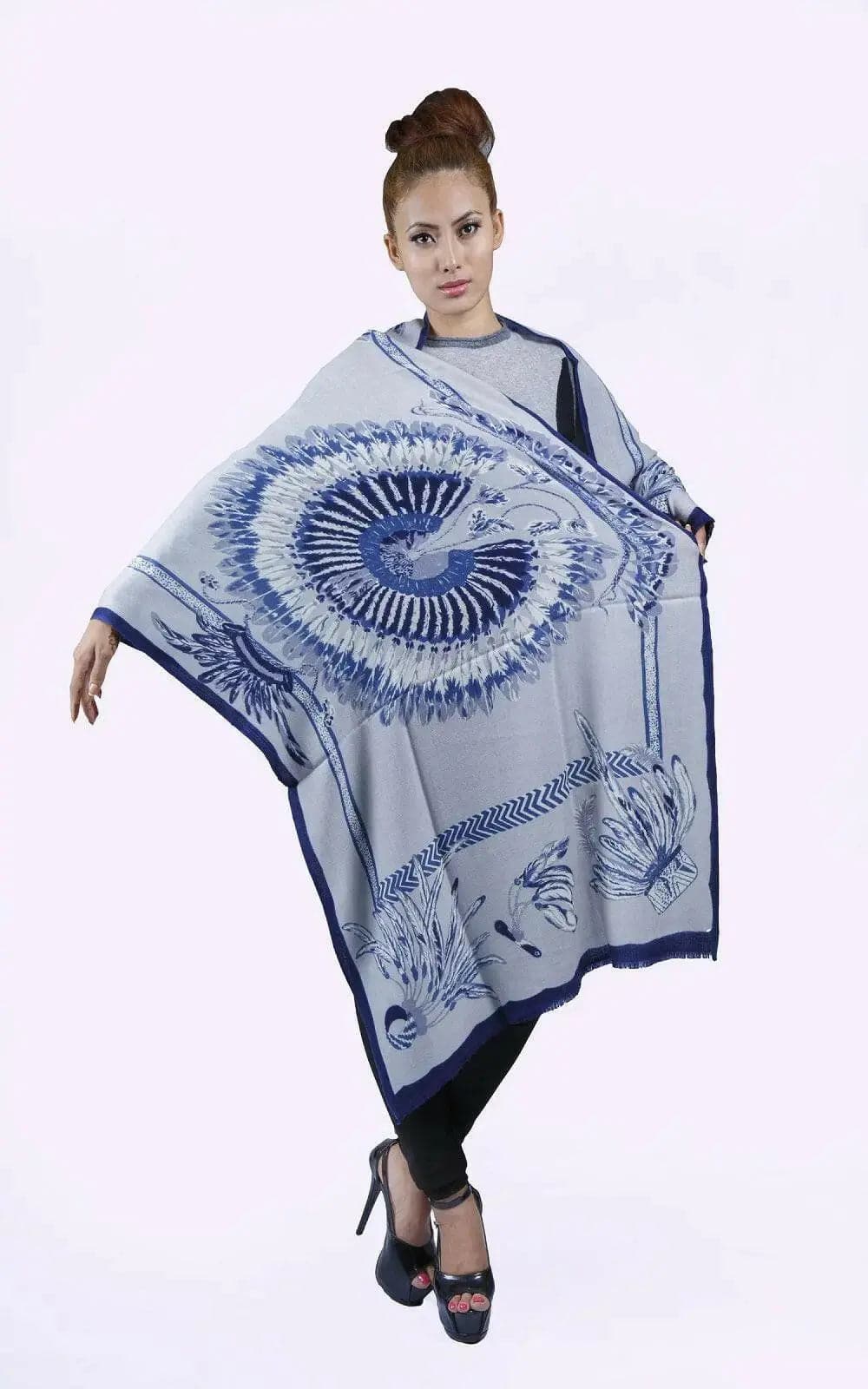 Woman wearing blue and white tie dye cashmere printed scarf by KCI 186