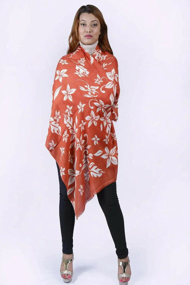 Woman wearing a red and white floral print cashmere shawl - Cashmere Printed Shawl | KCI 191