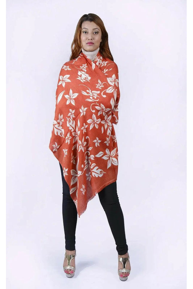 Woman wearing a red and white floral print cashmere shawl - Cashmere Printed Shawl | KCI 191