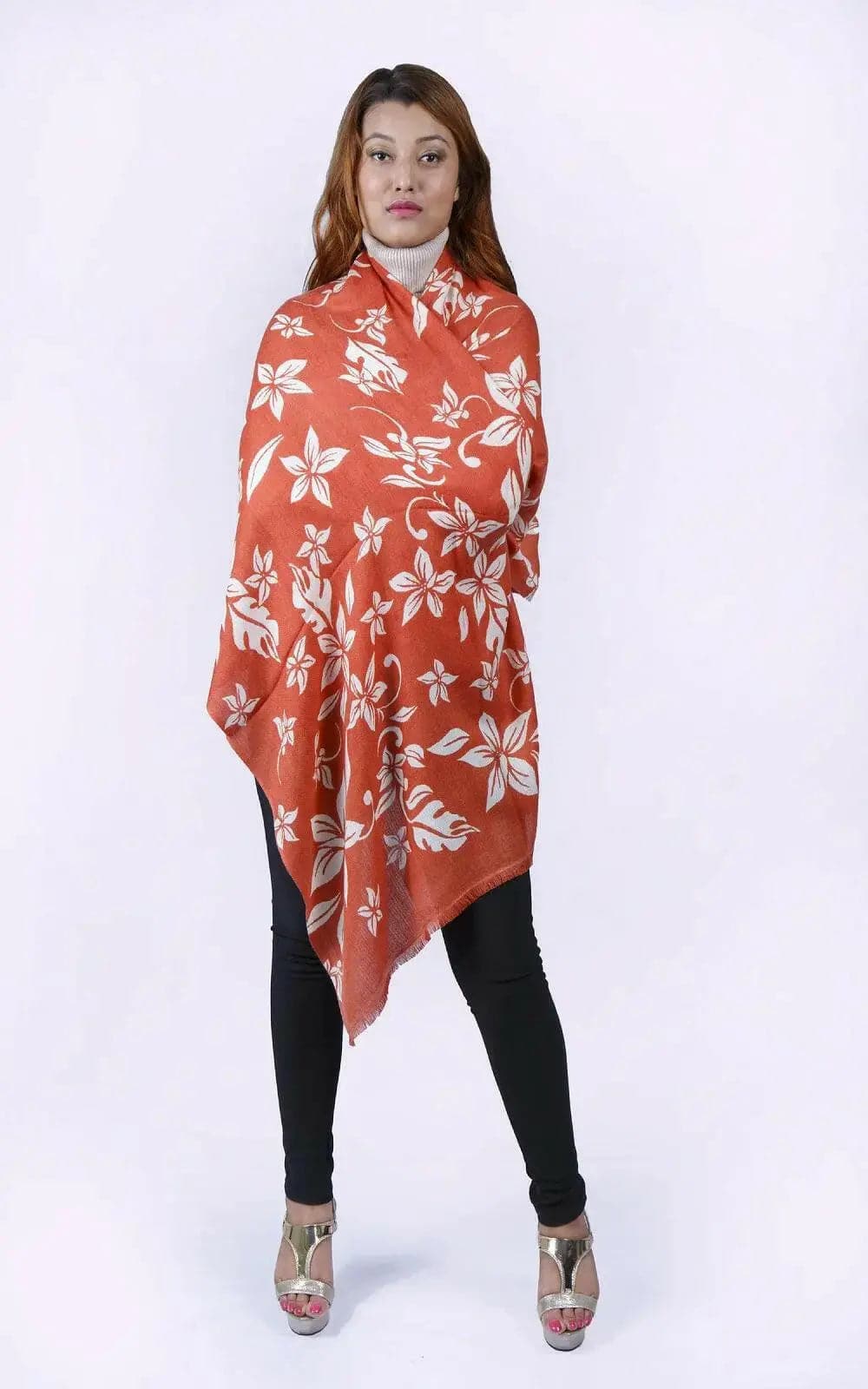 Woman wearing a red and white floral print cashmere shawl - Cashmere Printed Shawl | KCI 191
