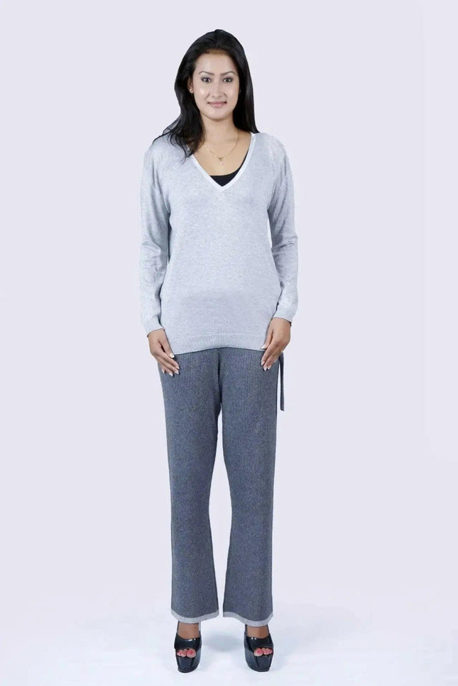Cashmere Ribbed Trouser KCI 109: Woman in grey sweater and pants