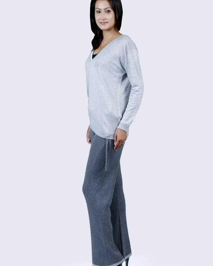Cashmere ribbed trouser in gray styled by a woman