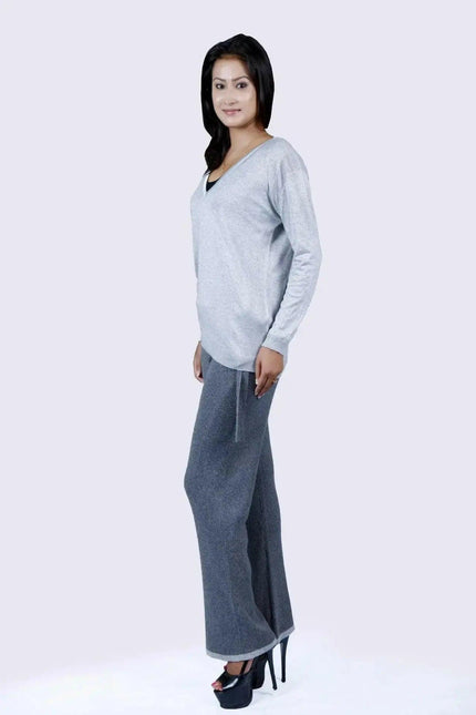 Cashmere ribbed trouser in gray styled by a woman