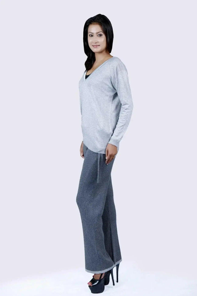 Cashmere ribbed trouser in gray styled by a woman