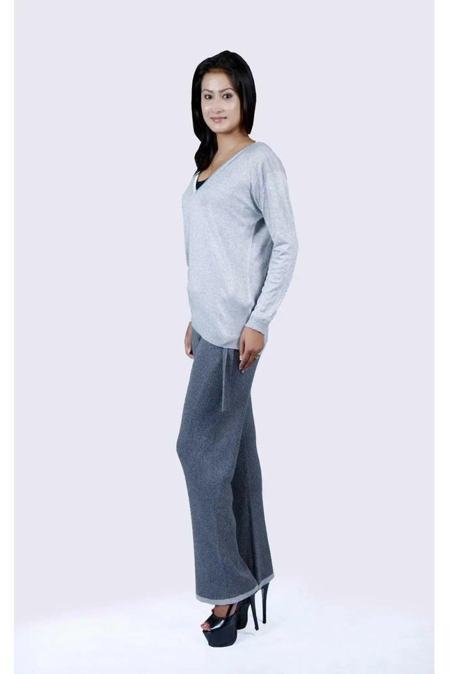 Cashmere ribbed trouser in gray styled by a woman