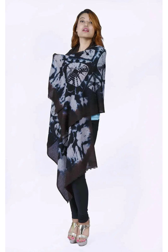 Cashmere Scarf | KCI 185 - Woman wearing black and white tie dye poncho