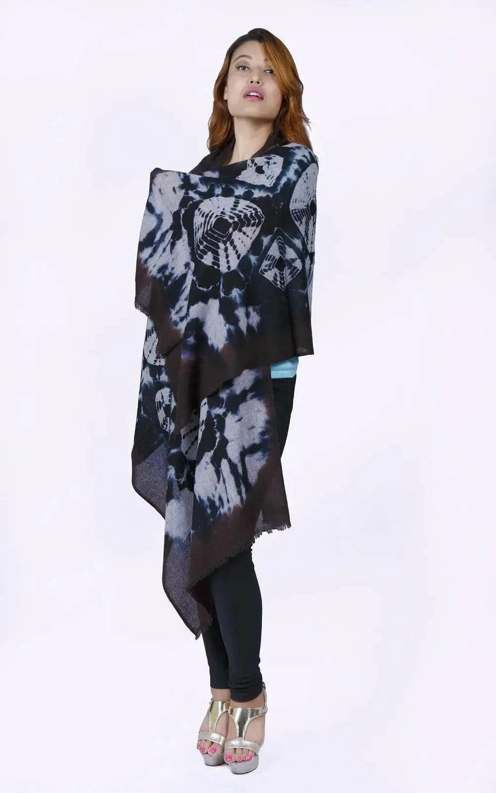 Cashmere Scarf | KCI 185 - Woman wearing black and white tie dye poncho