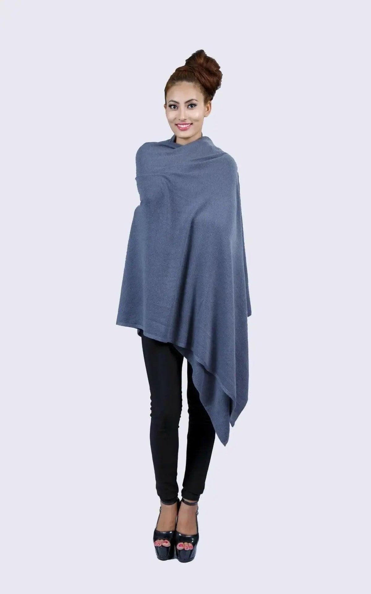 Italian cashmere scarf | KCI 190: Woman in blue poncho with black top