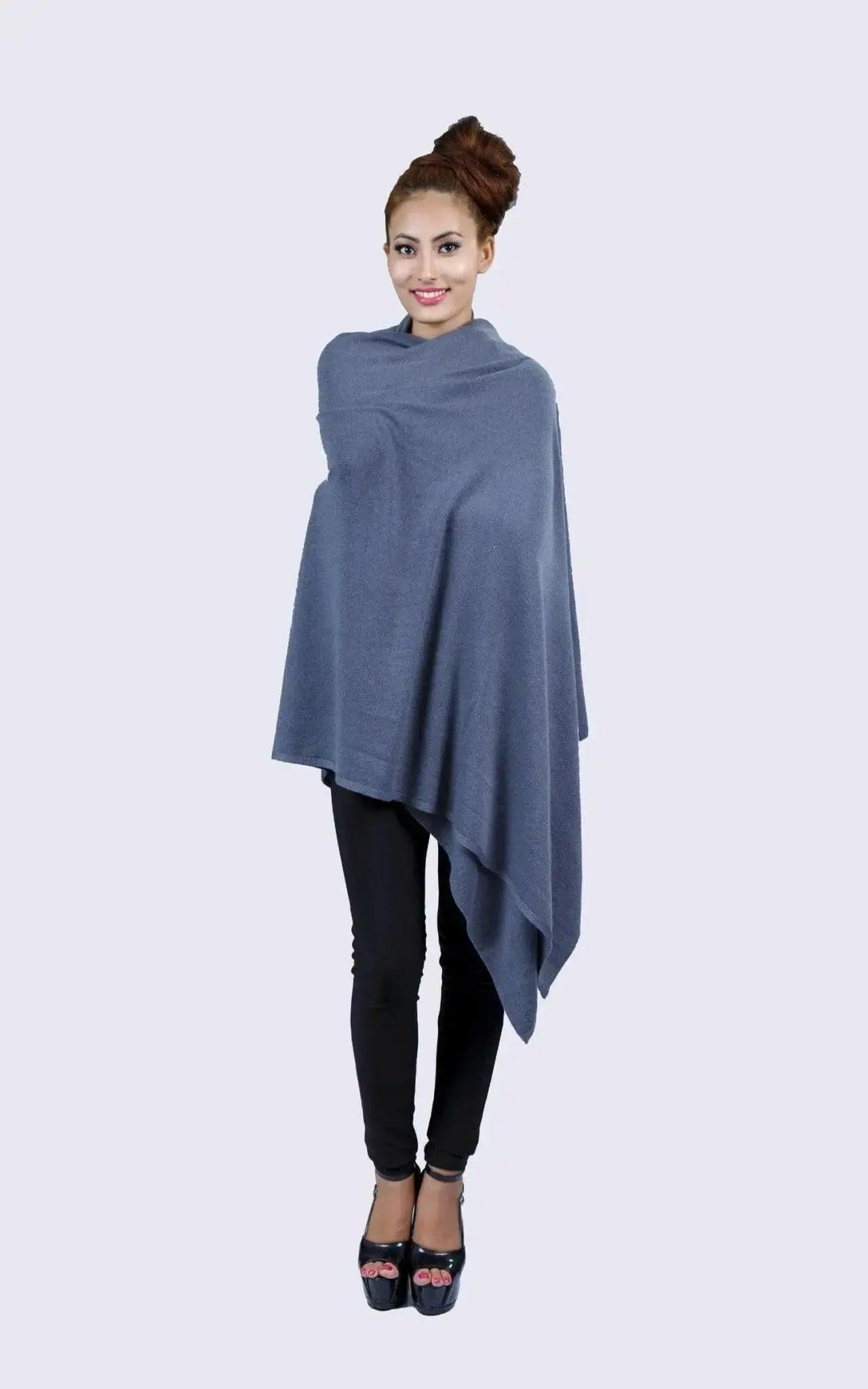 Italian cashmere scarf | KCI 190: Woman in blue poncho with black top
