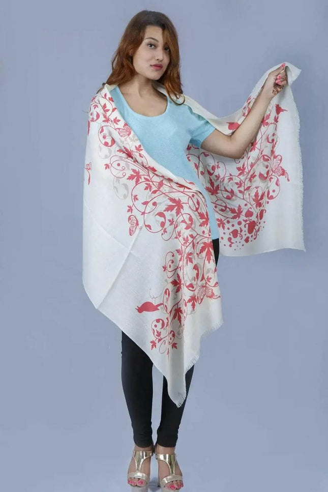 Woman wearing white and red floral print KCI 149 cashmere shawl by Kanchan Cashmere