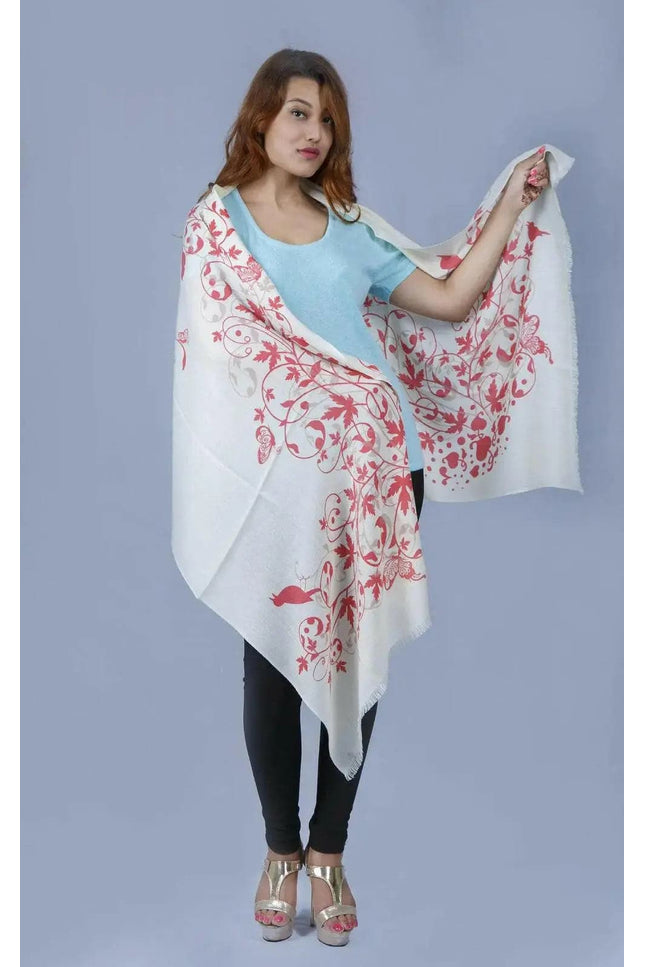 Woman wearing white and red floral print KCI 149 cashmere shawl by Kanchan Cashmere