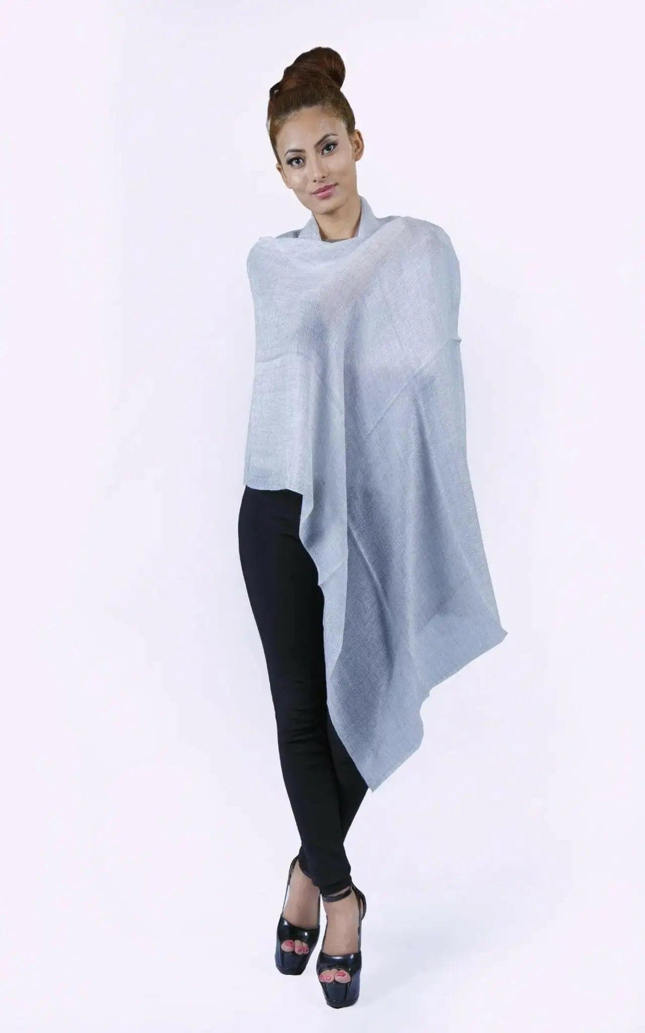 Cashmere Shawl by Kanchan Cashmere, woman in grey poncho and black top