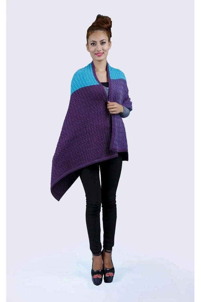 Cashmere Shawl || KCI 239 - Woman wearing purple and blue poncho with blue top