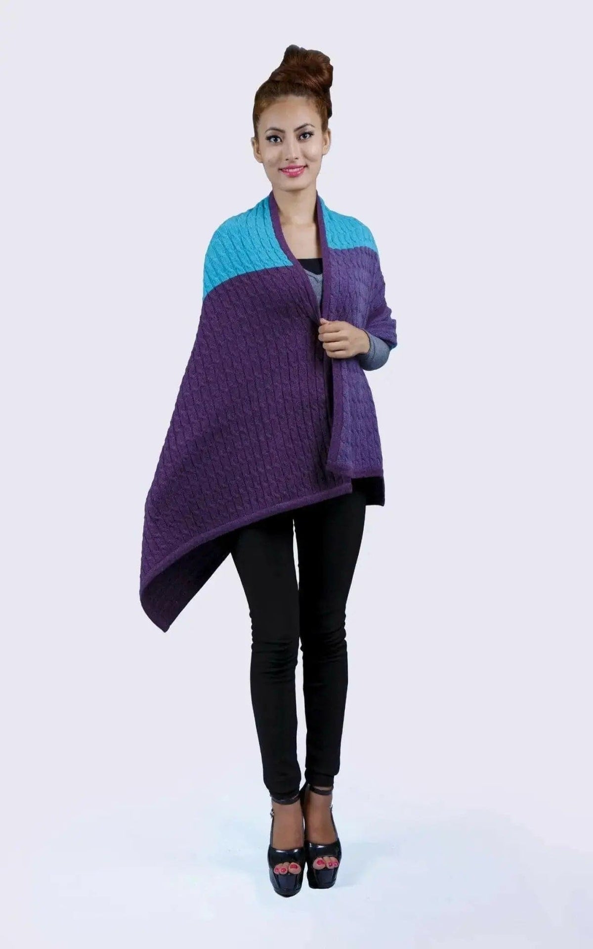Cashmere Shawl || KCI 239 - Woman wearing purple and blue poncho with blue top